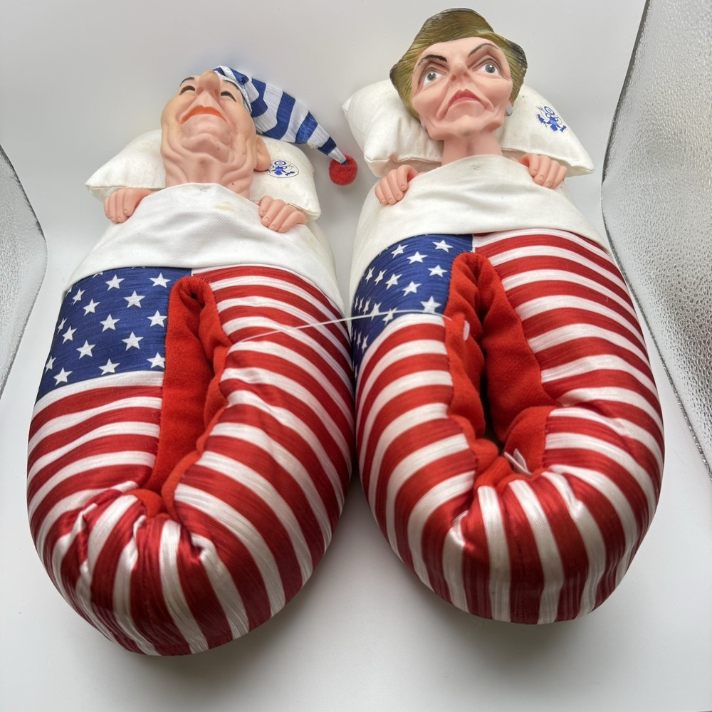 Vintage 1988 Spitting Image Ronald Nancy Reagan Novelty Slippers USA Flag Medium